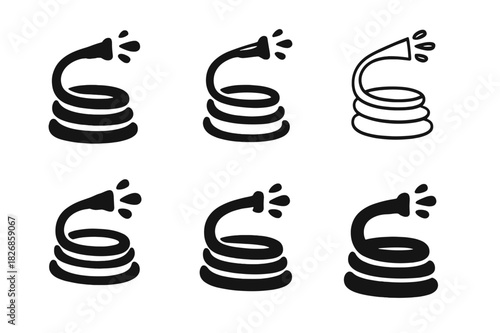 Garden Hose Icons. Garden hose. Icon set. Set Logo of Garden hose: Hose with nozzle spray. harmonious logo variations of the same emblematic concept (Filled