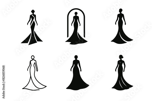 Elegant Fashion Icons. Fashion for special occasions (weddings, galas). Icon set. Set Logo of Fashion for special occasions (weddings, galas): runway figure in