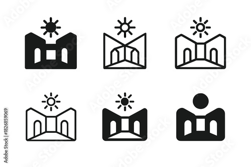 Varied Open Atrium Logos. Open Atrium. Icon set. Set Logo of Open Atrium: interior courtyard with natural light. harmonious logo variations of the same