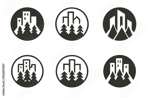 Urban Reforestation Logos. Urban reforestation. Icon set. Set Logo of urban reforestation: circular emblem of city blending with forest. harmonious logo
