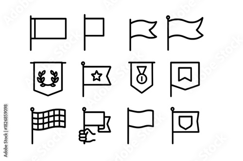 Victory Banners Icons. Victory banners. Line icon set of victory banners: horizontal flag, vertical flag, waving banner, fluttering pennant, award flag,