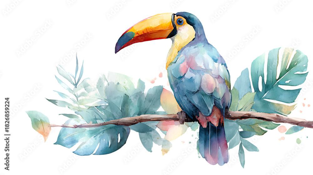 Fototapeta premium Watercolor toucan perched on a branch with tropical leaves isolated on transparent background