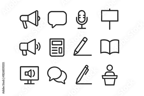 Voice & Rights Icons. Voice & Rights. Line icon set of Voice & Rights: megaphone, speech bubble, microphone, protest sign, loudspeaker, newspaper, pencil, open