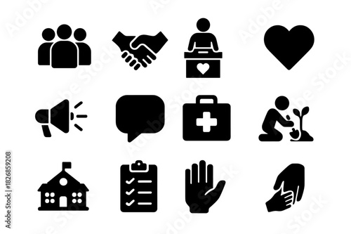 Volunteer Icon Set. Volunteer Activities. Solid icon set of group of people, volunteer, handshake, donation box, heart, megaphone, speech bubble, first aid