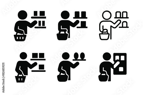 Shopper Icon Variations. Shopper behavior. Icon set. Set Logo of shopper behavior: person choosing product. harmonious logo variations of the same emblematic