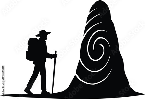 Hiking Adventure Silhouette: A lone hiker navigates a towering rock formation in silhouette, capturing the essence of exploration, resilience, and the vast beauty of nature's trails.