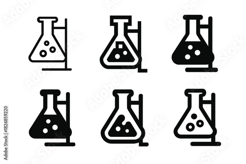 Science Logo Variations. Science experiment setup. Icon set. Set Logo of science experiment setup: chemical reaction flask. harmonious logo variations of the