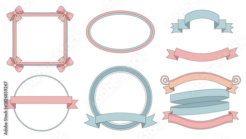 A Collection of Decorative Frames, Ribbons, and Bows in Pastel Colors for Design Projects