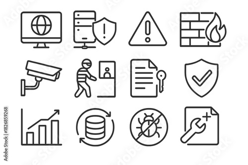 Threat Monitoring Icons. Threat Monitoring. Line icon set of Threat Monitoring: network monitor, server, alert, firewall, CCTV camera, intrusion detection,
