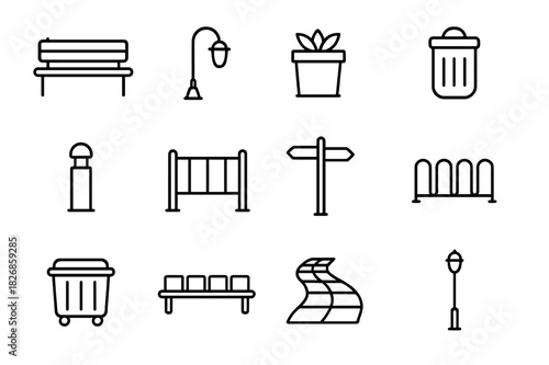 Urban Furniture Icons. Urban Furniture. Line icon set of Urban Furniture: bench, street lamp, planter, trash bin, bollard, railing, signpost, bicycle rack,