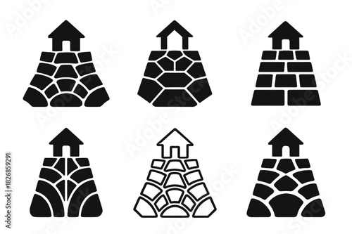 Stone Walkway Logos. Building a front walkway with stone. Icon set. Set Logo of building a front walkway with stone: geometric pattern of cobblestones.