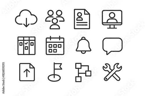 Collaboration Workspace Icons. Collaboration Workspace. Line icon set of Collaboration Workspace: cloud storage, team avatars, shared document, video call,