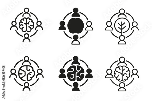 Neurodiversity Workspace Icons. Neurodiversity-friendly workspaces. Icon set. Set Logo of neurodiversity-friendly workspaces: brain with orbiting collaboration