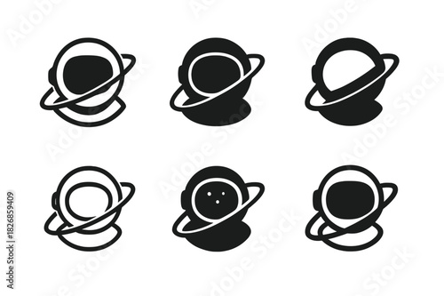 Astronaut Logo Variations. astronaut window. Icon set. Set Logo of astronaut window: orbit path through visor ring. harmonious logo variations of the same