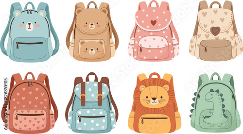 Cute Childish Backpacks Vector Illustration Set Collection of School Bags with Cartoon Animals like Bear, Lion, and Dinosaur for Kindergarten Kids..