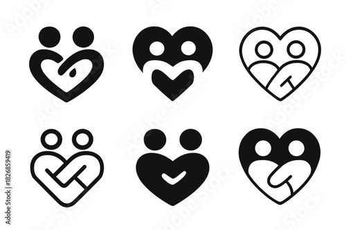 Friendship Logo Variations. Building and maintaining strong friendships. Icon set. Set Logo of building and maintaining strong friendships: heart connection.