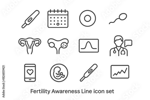 Fertility Awareness Icons. Fertility Awareness. Line icon set of Fertility Awareness: ovulation test, calendar, egg, sperm, uterus, ovary, hormone chart,