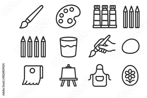 Creative Technique Icons. Creative techniques. Line icon set of Creative techniques: paintbrush, palette, paint tubes, colored pencils, water cup, hand holding