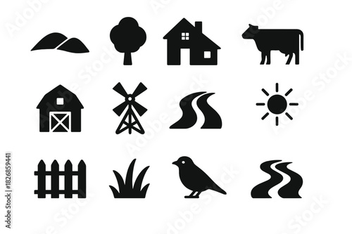 Rural Icons Set. Rural nature. Solid icon set of rural nature: hill, tree, farm house, cow, barn, windmill, path, sun, fence, grass, bird, water stream. Filled