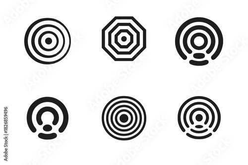 Harmonic Sound Wave Logos. How sound waves are created. Icon set. Set Logo of How sound waves are created: circular wave pattern spreading outward. harmonious