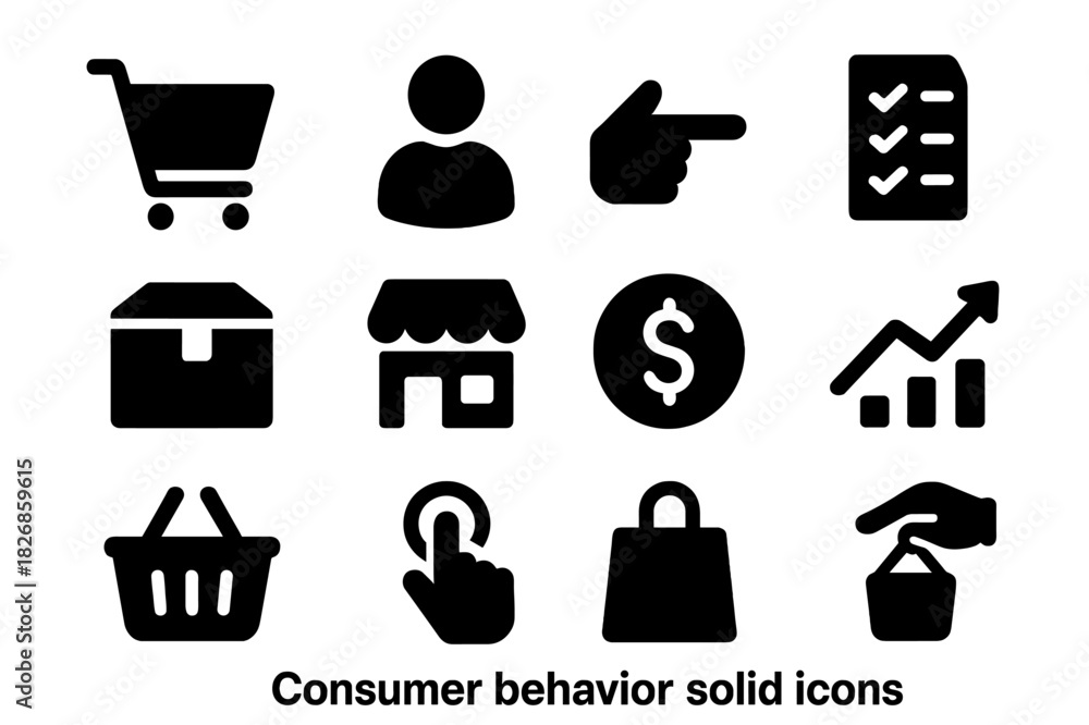 Naklejka premium Consumer Behavior Icons. Consumer behavior. Solid icon set of Consumer behavior: shopping cart, buyer icon, hand pointing, checklist, goods icon, store icon,