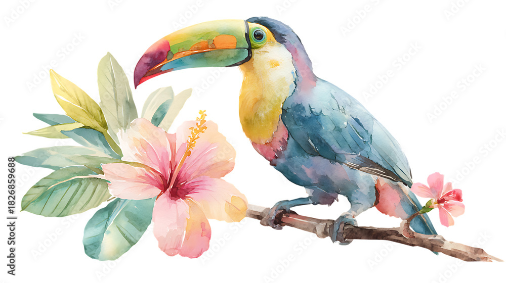 Fototapeta premium Watercolor toucan perched on a branch with tropical flowers isolated on transparent background