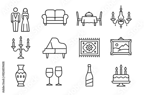 Elegant Family Icons. Family Elegance. Line icon set of Family Elegance: formal attire, sofa set, dining table, candelabra, chandelier, grand piano, ornate