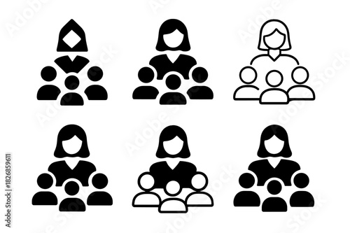 Women Leadership Icons. women in leadership. Icon set. Set Logo of women in leadership: team guided by female leader. harmonious logo variations of the same