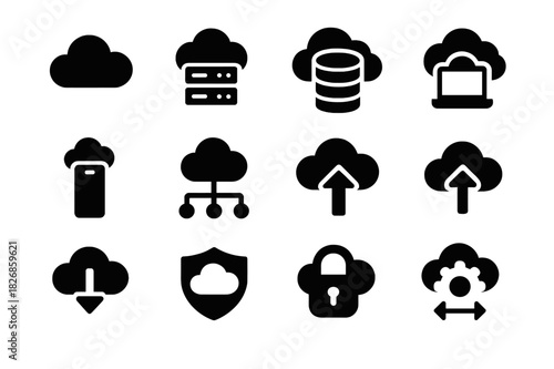 Cloud Computing Icons. Cloud computing. Solid icon set of Cloud computing: cloud, server, database, laptop, smartphone, network, upload arrow, download arrow,