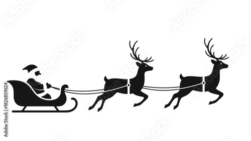 Santa Claus riding in his sleigh pulled by reindeer, iconic Christmas illustration