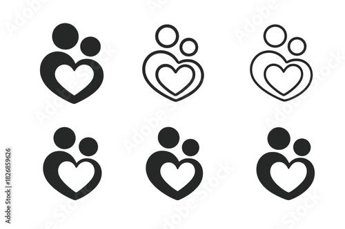 Parent-Child Bonding Logos. parent-child bonding. Icon set. Set Logo of parent-child bonding: heart between two figures. harmonious logo variations of the same