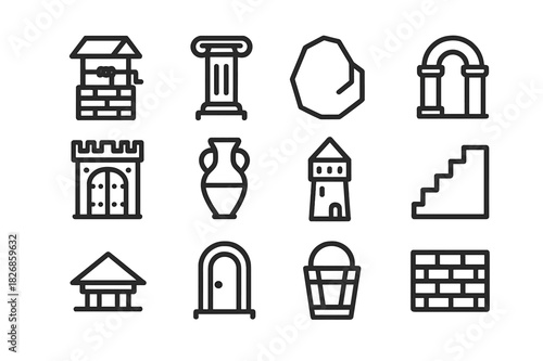 Ancient Architecture Icons. Ancient architecture. Line icon set of ancient architecture: well, column, stone, arch, gate, amphora, tower, stairs, roof, door,