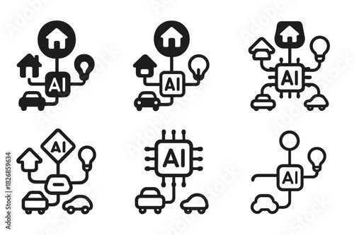 AI Integration Icons. AI integration in everyday life (smart homes, autonomous cars). Icon set. Set Logo of AI integration: connected appliances. harmonious