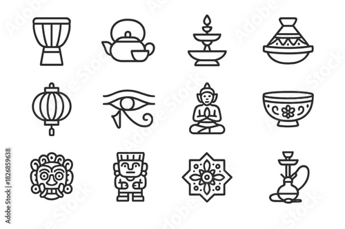 Cultural Icon Set. Cultural artifacts. Line icon set of cultural artifacts: African drum, Japanese tea set, Indian brass lamp, Moroccan pottery, Chinese