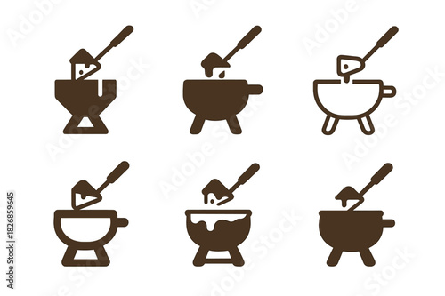 Fondue Logo Variations. Preparing a hot pot or fondue for a social meal with friends. Icon set. Set Logo of Preparing a hot pot or fondue for a social meal