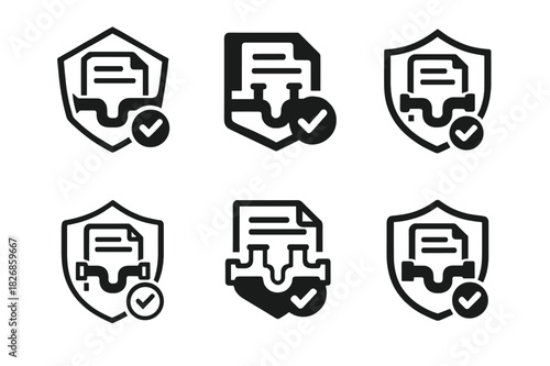 Plumbing Permit Logos. Plumbing permit documents. Icon set. Set Logo of plumbing permit documents: shield with pipe, form, and approval check. harmonious logo