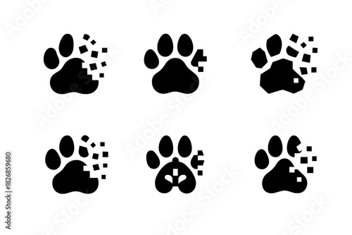 Biodiversity Loss Icons. Biodiversity loss. Icon set. Set Logo of biodiversity loss: animal pawprint dissolving into fragments. harmonious logo variations of