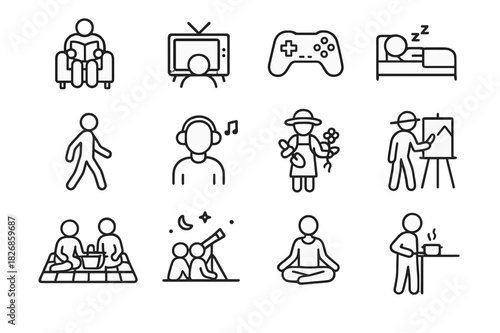 Leisure Icons Set. Leisure activities. Line icon set of leisure activities: reading, watching TV, gaming, napping, listening to music, walking, gardening,