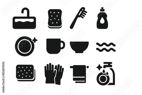 Dishwashing Icons Set. Dishwashing routine. Solid icon set of Dishwashing routine: sink, sponge, brush, dish soap, plate, cup, bowl, water, scrub pad, gloves,