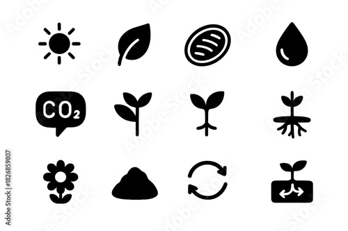 Plant Energy Icons. Plant energy. Solid icon set of Plant energy: sun, leaf, chloroplast, water droplet, carbon dioxide, oxygen, stem, roots, flower, soil,