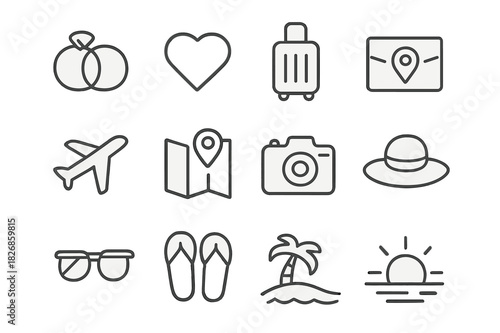 Honeymoon Icon Set. Honeymoon essentials. Line icon set of honeymoon essentials: rings, heart, suitcase, airplane, map, camera, sunglasses, flip flops, hat,
