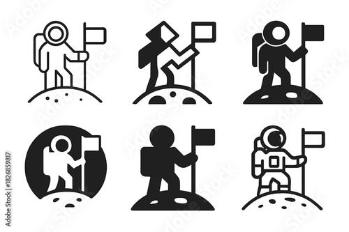 Space Exploration Icons. Space exploration and planetary colonization. Icon set. Set Logo of space exploration and planetary colonization: astronaut flag