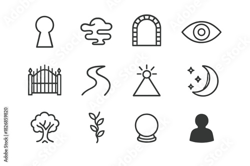 Hidden Realms Icons. Hidden Realms. Line icon set of Hidden Realms: keyhole, mist, archway, eye, gate, path, light beam, moon, tree, vine, orb, shadow. All