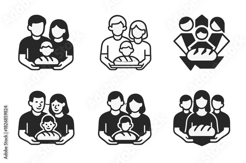 Family Cooking Logos. cooking together as a family. Icon set. Set Logo of cooking together as a family: family baking bread. harmonious logo variations of the