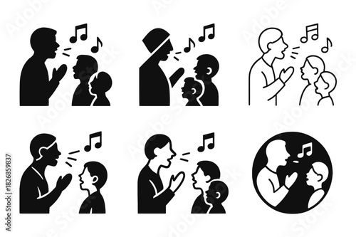 Singing Lessons Logos. teaching singing to children and youth. Icon set. Set Logo of teaching singing to children and youth: teacher guiding vocal notes.