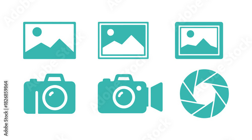 Camera icon collection featuring a camera, photo, snapshot, capture, photograph, shutter, flash, and digital app in a modern minimalist design with outlined vector graphics in a flat style.
