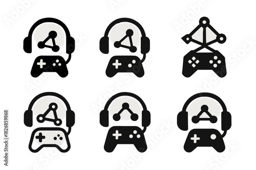 Multiplayer Icon Set. Online multiplayer. Icon set. Set Logo of online multiplayer: headset and console with network nodes. harmonious logo variations of the