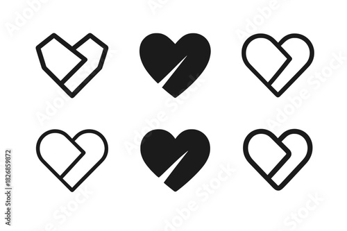 Heart Boundary Icons. Healthy boundaries in love. Icon set. Set Logo of healthy boundaries in love: heart divided by gentle geometric line. harmonious logo
