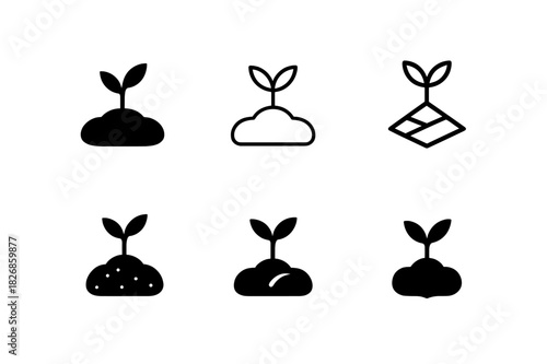 Diverse Soil Logos. soil. Icon set. Set Logo of soil: seed sprouting from soil. harmonious logo variations of the same emblematic concept, each with different