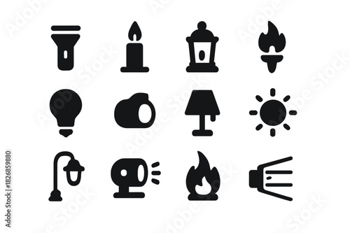 Night Illumination Icons. Night illumination. Solid icon set of Night illumination: flashlight, candle, lantern, torch, light bulb, spotlight, lamp, glowing